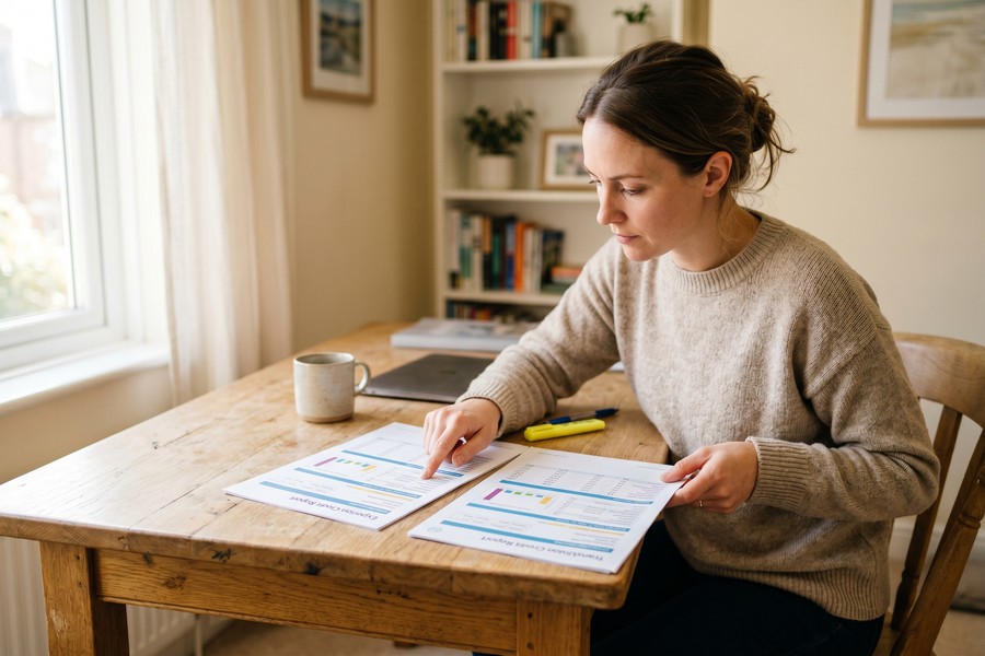 Person reviewing credit report on laptop, highlighting charge-off entries with a pen