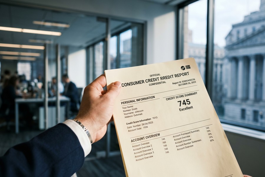 Credit score gauge showing 660, surrounded by financial documents and a calculator