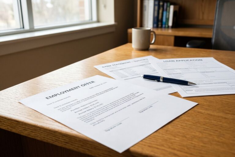 Person reviewing pay stub and loan application after changing jobs